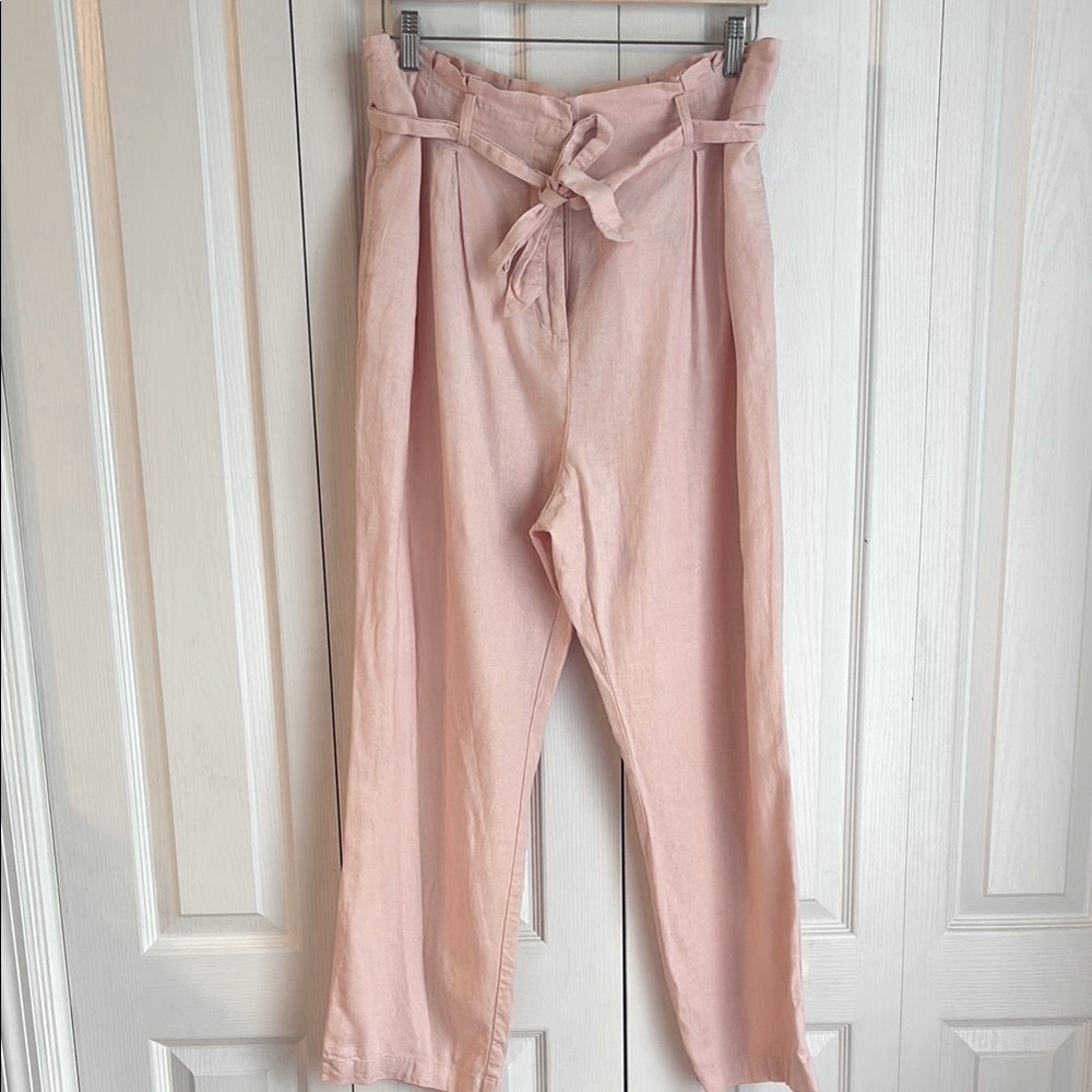 Ann Taylor Factory Linen Blend Tie Waist Paperbag Pant. Light Pink. Size Large